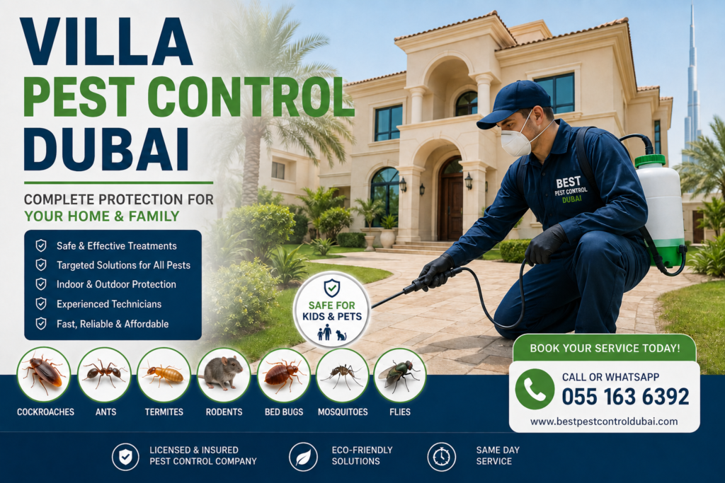 Professional villa pest control service in Dubai for villas, townhouses, and family homes.