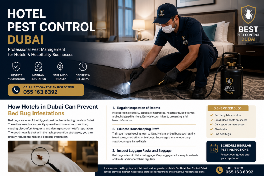 Hotel Pest Control Dubai technician inspecting a hotel guest room for bed bugs, cockroaches, and other common hotel pests