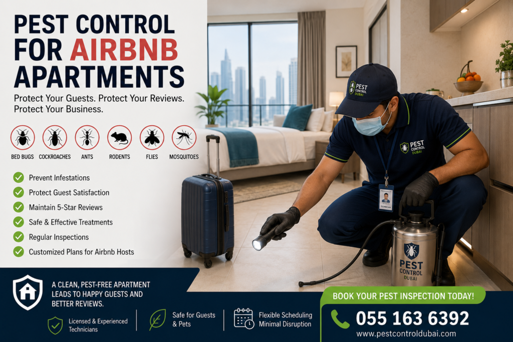 Pest Control for Airbnb Apartments in Dubai – technician inspecting a holiday rental apartment for bed bugs, cockroaches, rodents, and other pests
