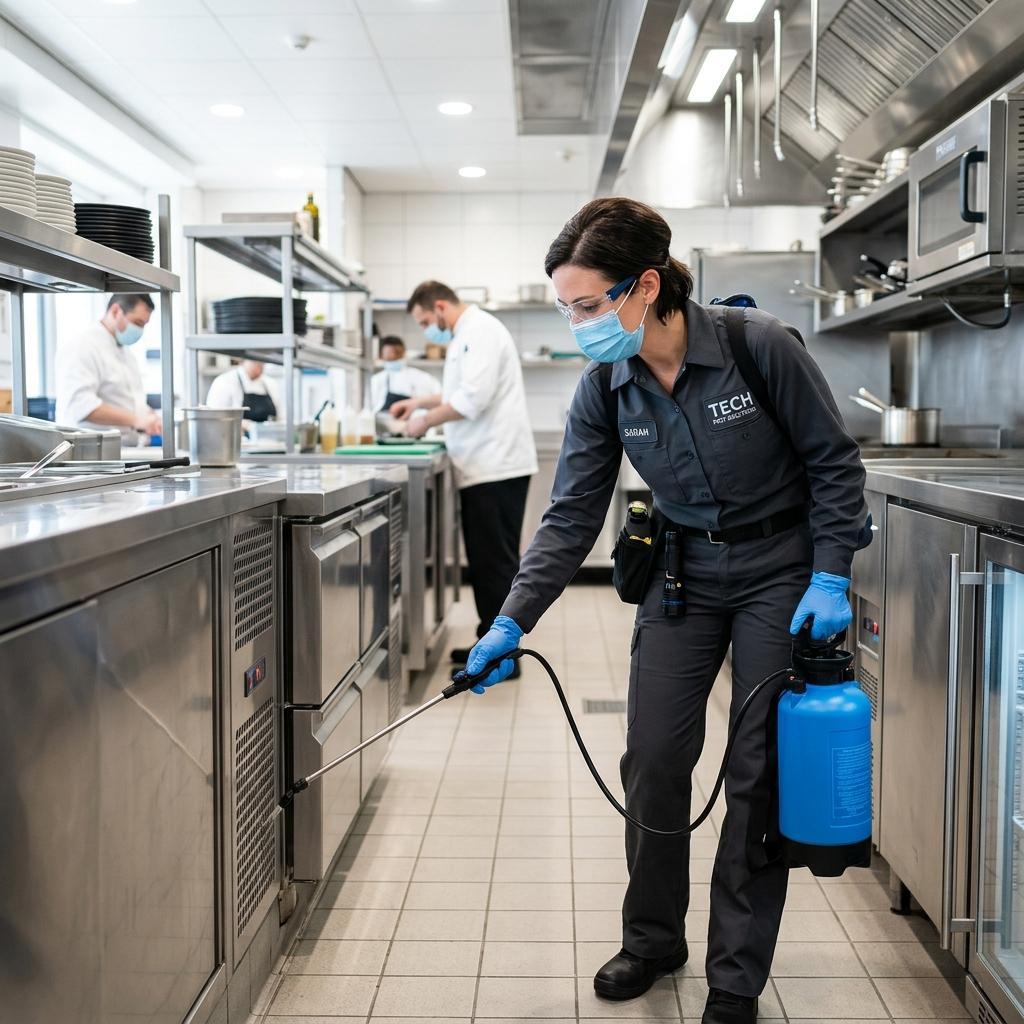 Restaurant pest control technician inspecting a commercial kitchen in Dubai